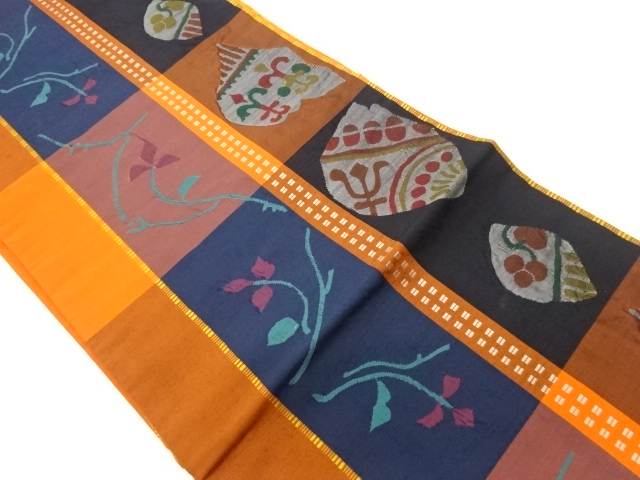 JAPANESE NAGOYA OBI / TSUMUGI / WOVEN FLORAL PLANTS & STRIPE